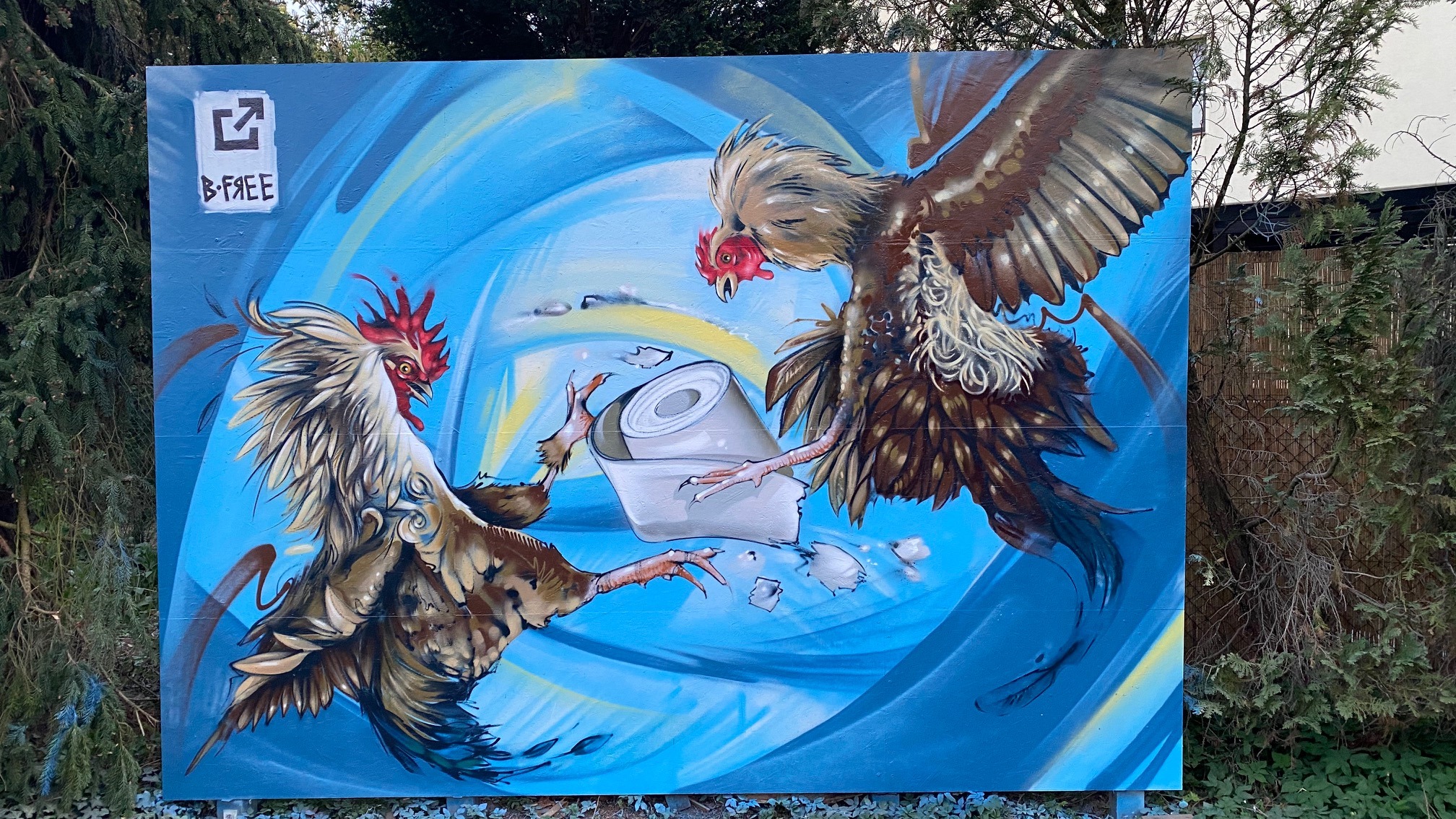 artmos4-graffitiauftrag-graffitikuenstler_befree_Marcus_2020_corona_klopapier_Kampfhäne_huhn_Hahn_tier