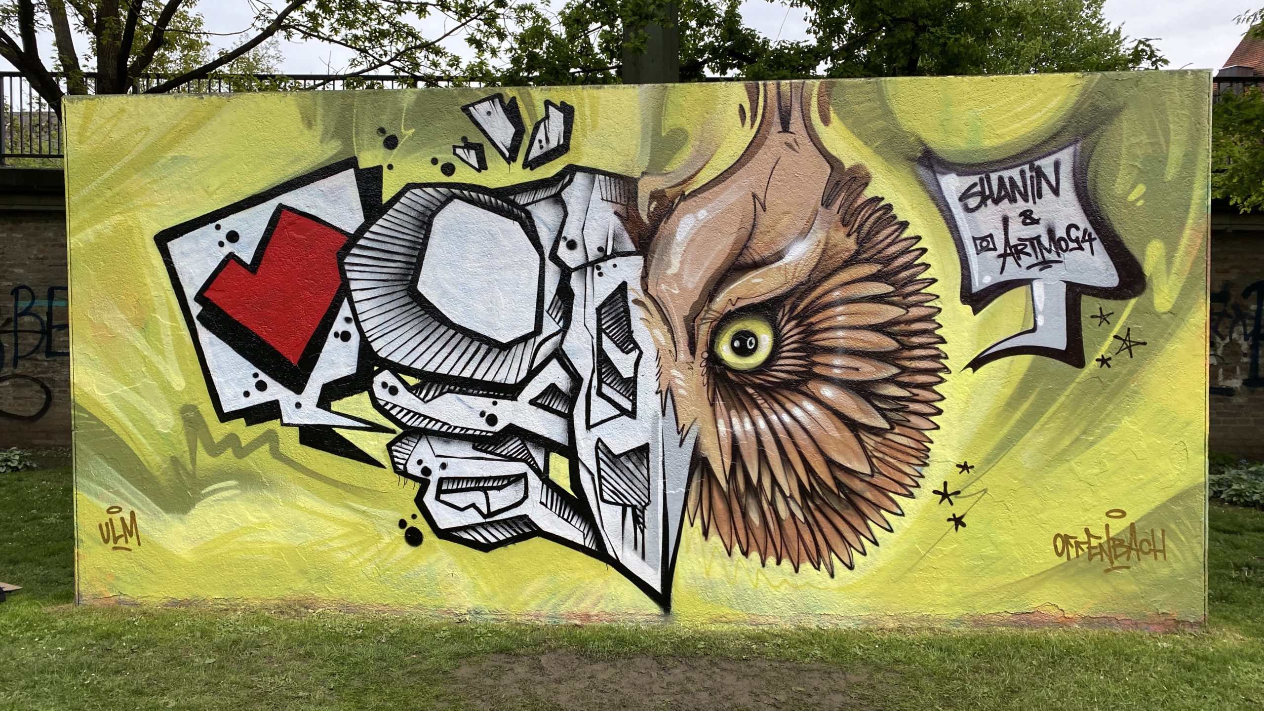artmos4-graffitiauftrag-graffitikuenstler_Privat_ulm_2021_Eule_schädel_skelett_tier_aussen_grün_graffiti_bfree