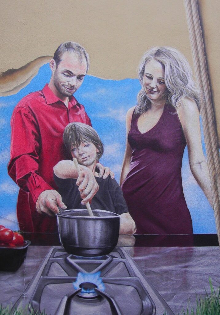 Fotorealistisch dargestellte Familie beim Kochen.