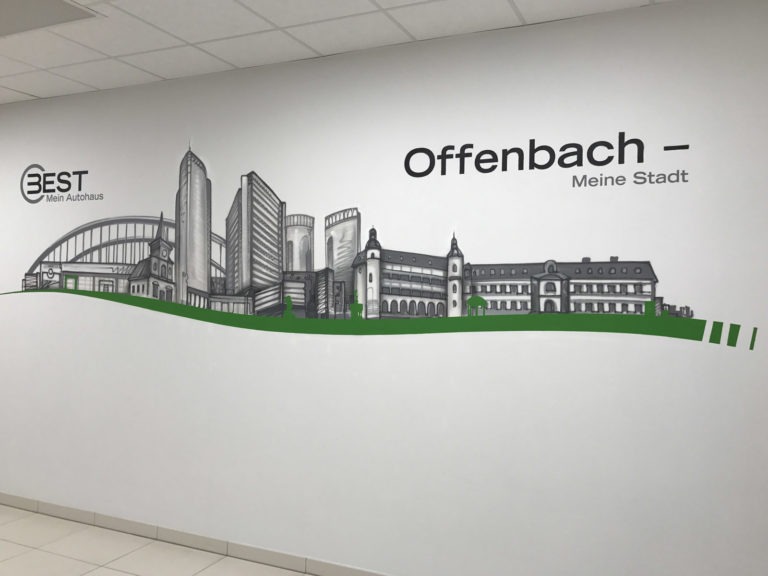 Graffitikuenstler, Graffitiauftrag, Artmos4, AutohausBest, Skyline, illustrativ