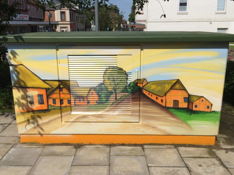 Graffitikuenstler, Graffitiauftrag, Artmos4, Hansewerke, Landschaft, Comic