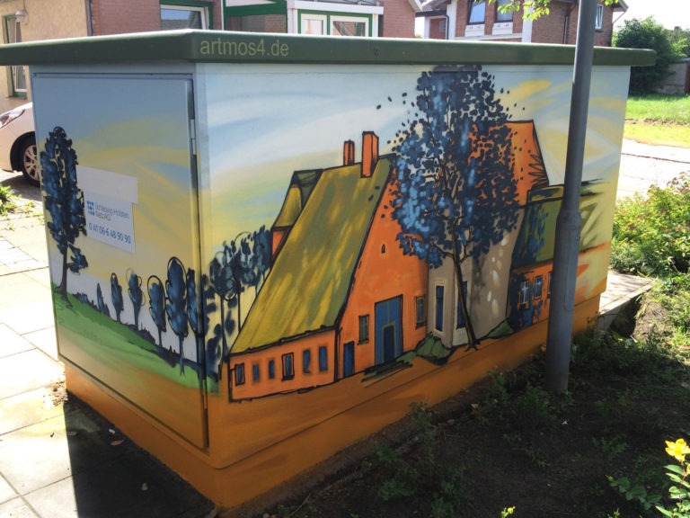 Graffitikuenstler, Graffitiauftrag, Artmos4, Hansewerke, Landschaft, Gebaeude, Comic