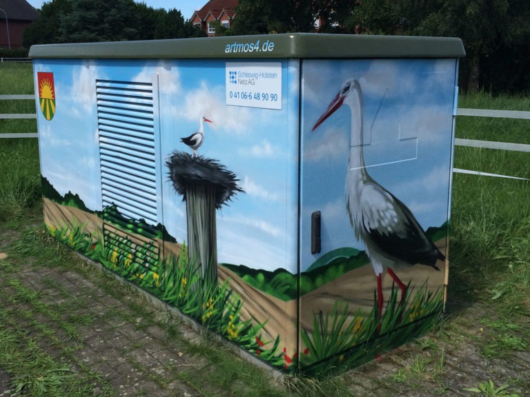 Graffitikuenstler, Graffitiauftrag, Artmos4, Hansewerke, Storch, Lanschaft, Fotorealistisch