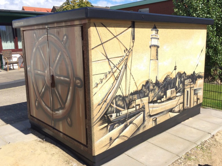 Graffitikuenstler, Graffitiauftrag, Artmos4, Hansewerke, Hafen, Landschaft, Fotorealistisch