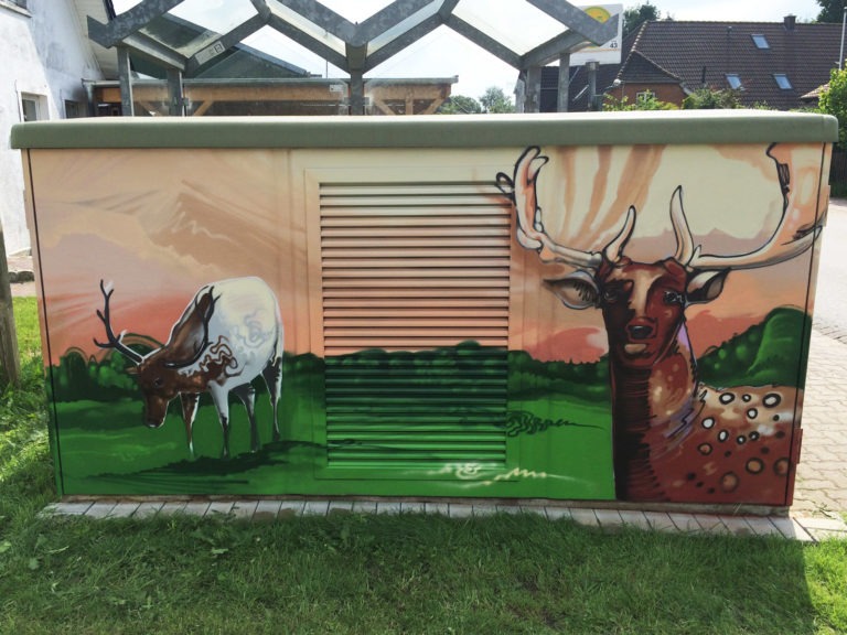 Graffitikuenstler, Graffitiauftrag, Artmos4, Hansewerke, Hirsch, Landschaft, Comic