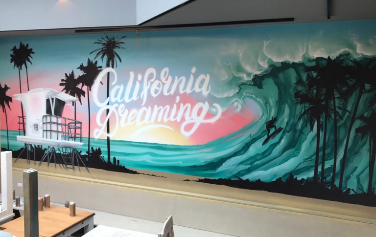 strand, palmen, grosse, welle, sonnenuntergang, wachturm, fuer, bademeister, schrift, mitte, californiadreaming