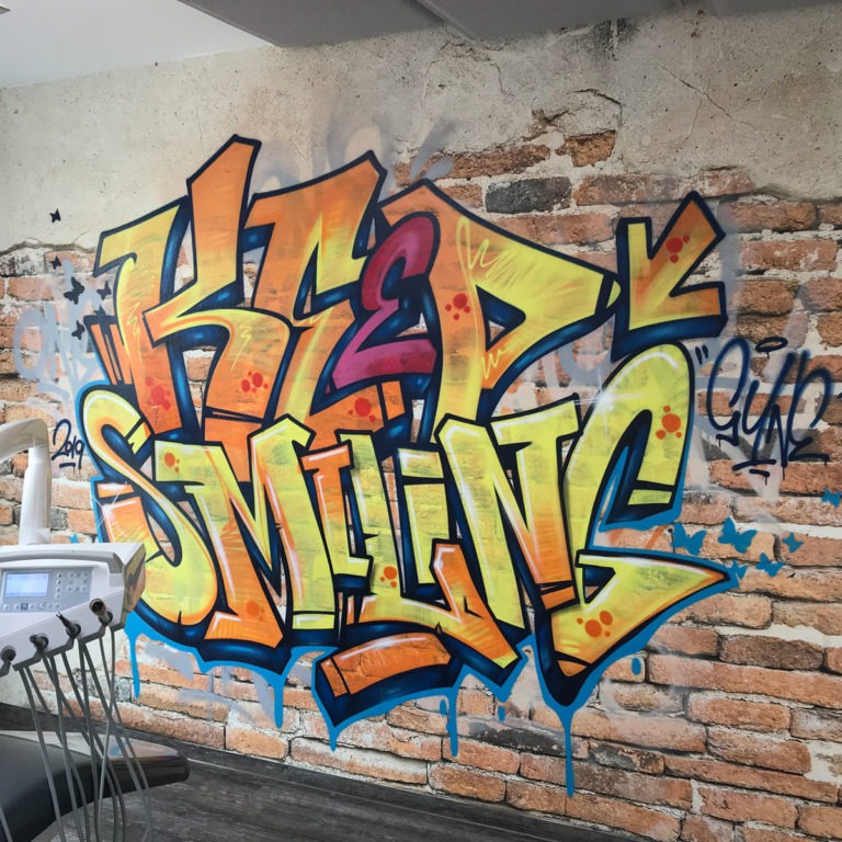 graffiti, schrift, zahnarztpraxis, auf, ziegelwand