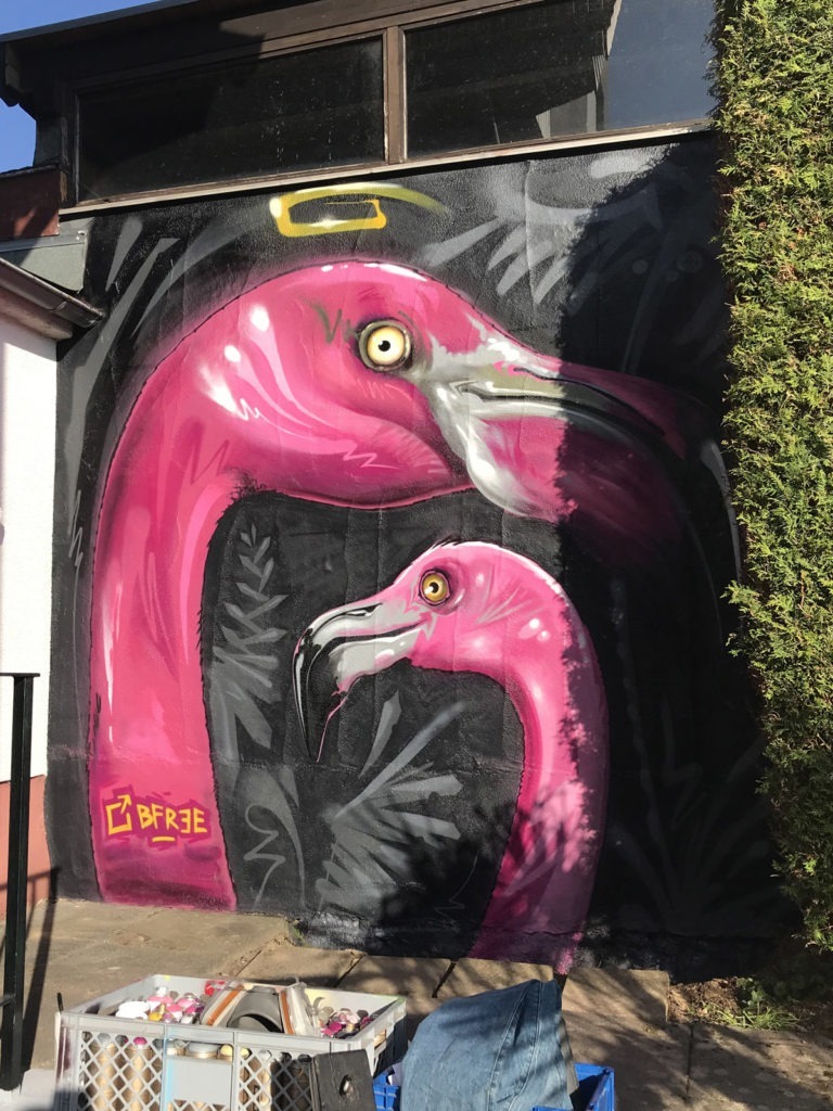graffitiauftrag-graffitikuenstler-artmos4-privat-flamingo-aussen-schwarz-pink-tier-pflanzen-kunst-illustrativ