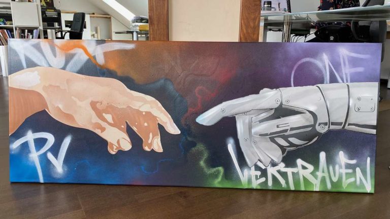 graffitiauftrag_graffitikuenstler_artmos4_Schufa_2021_Leinwand_Vorstand_lila_blau_sixtinische_kapelle_hände_tags_final_maschiene_mensch_dienstleistung_01
