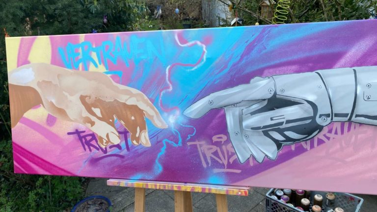 graffitiauftrag-graffitikuenstler-artmos4-South_of_Market_2021_Schufa_Leinwand_Vorstand_sixt-Kapelle_Hände_pink_blau_graffiti