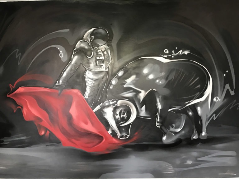 graffitiauftrag-graffitikuenstler-artmos4-stier-tier-menschen-innen-schwarz-rot-illustrativ-privat