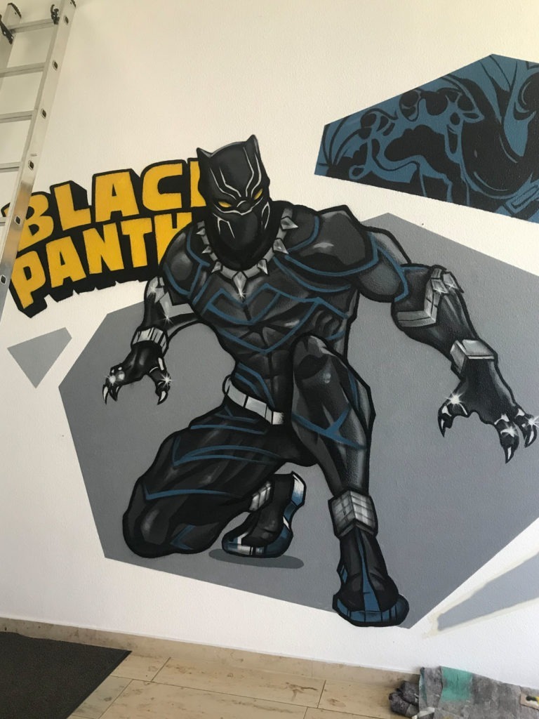 schwarze, panther, superheld, anzug, grau, pose, knie