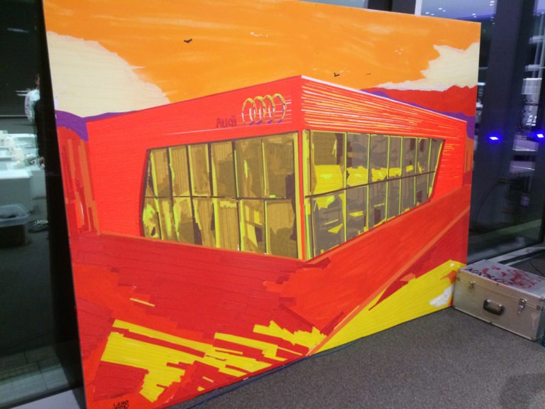 graffitiauftrag-graffitikuenstler-artmos4-tapeart-leinwand-rot-audi-gelb-orange-illustrativ