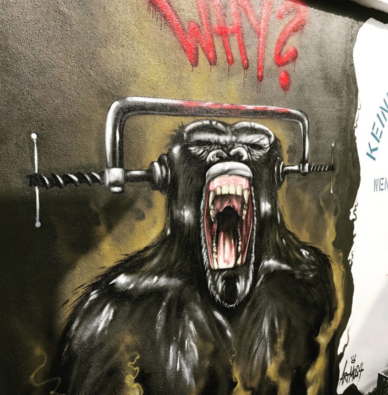 graffitiauftrag-graffitikuenstler-artmos4-tierschutz-affe-werkzeug-schrift-graffiti-tag-feuer-tier-rot-schwarz-orange-aussen-fotorealistisch