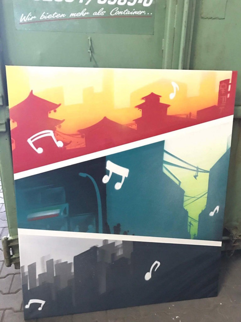 graffitiauftrag-graffitikuenstler-artmos4-vdafone-event-leinwaende-logo-schrift-skyline-musik-name-graffiti-schrift-tags-style-bunt